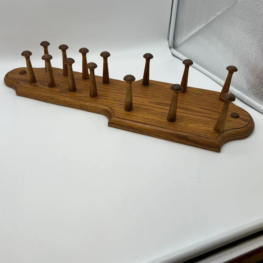 Cottagecore Wood Wall Display Rack – 14 Spindle Pegs Rustic Decor Vintage 80s
